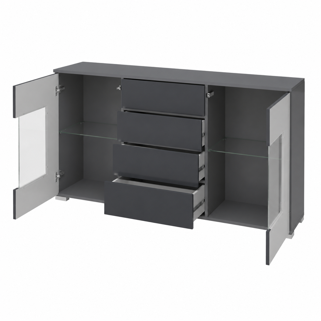 Buffet moderne avec portes et tiroirs, finition anthracite et denim