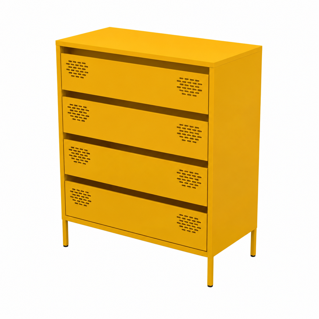 Meuble de rangement jaune moutarde avec tiroirs en acier