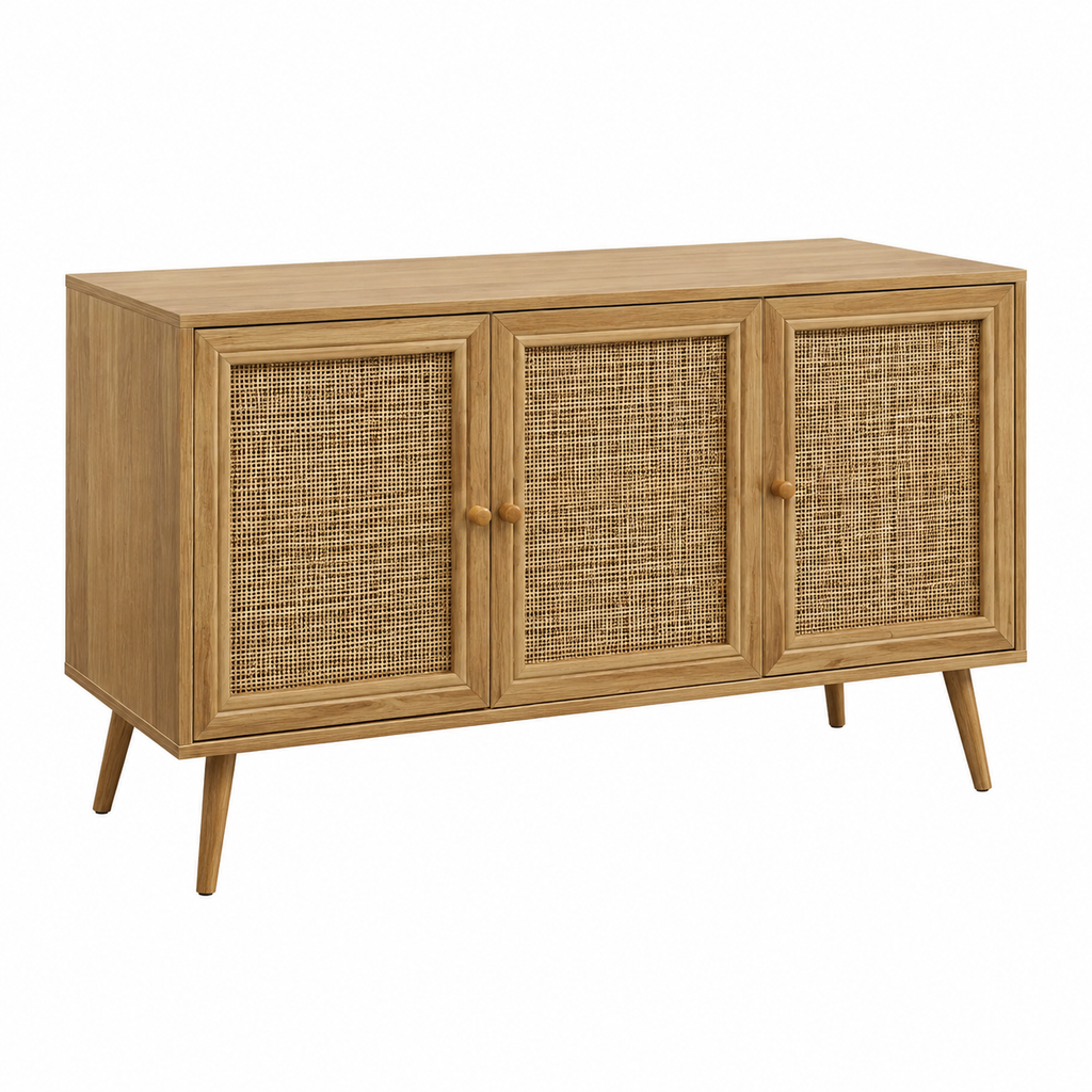 Buffet 3 Portes en Bois avec Façades en Rotin