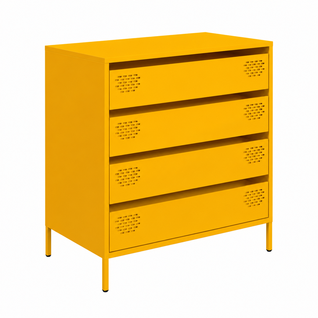 Meuble de rangement jaune moutarde avec tiroirs en acier