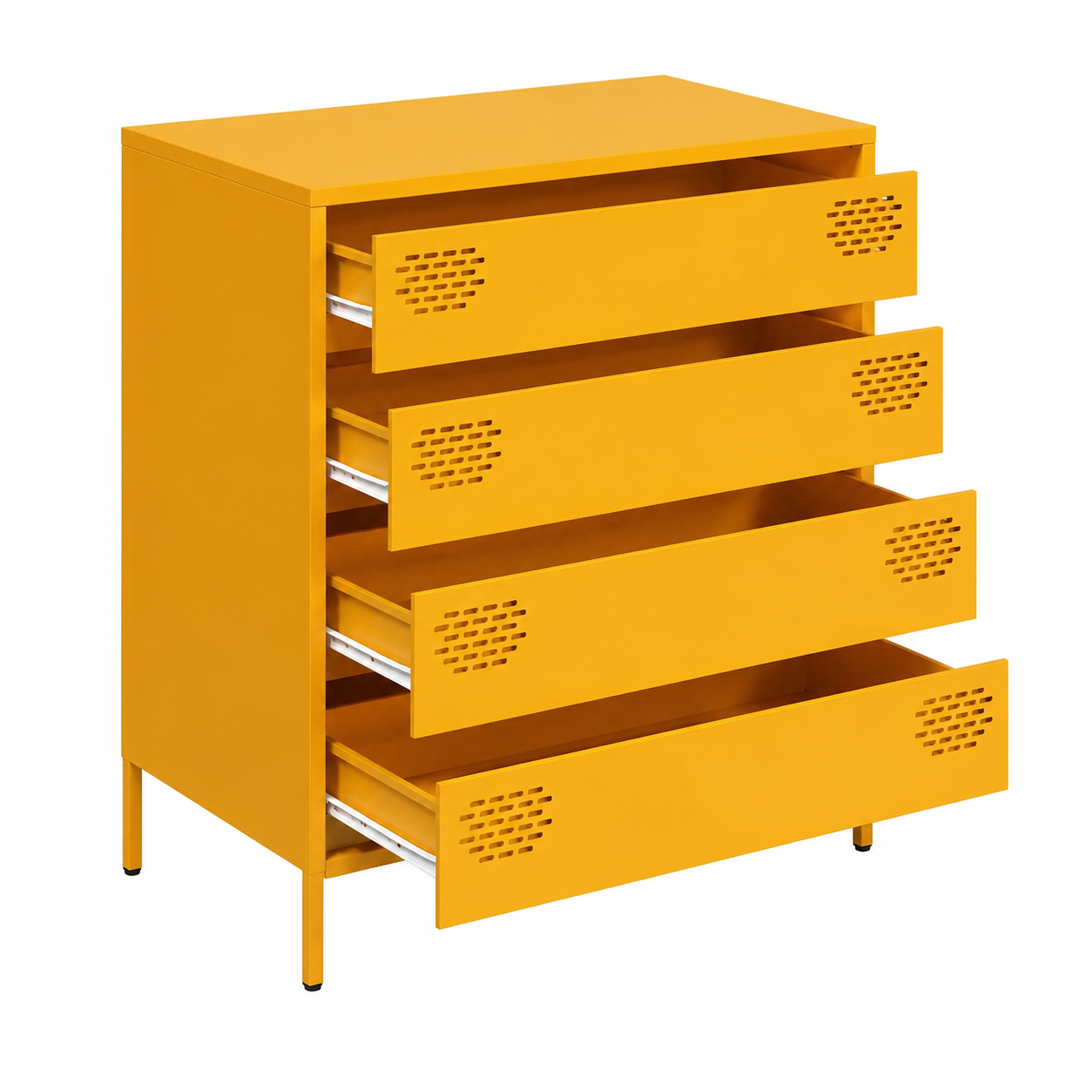 Meuble de rangement jaune moutarde avec tiroirs en acier