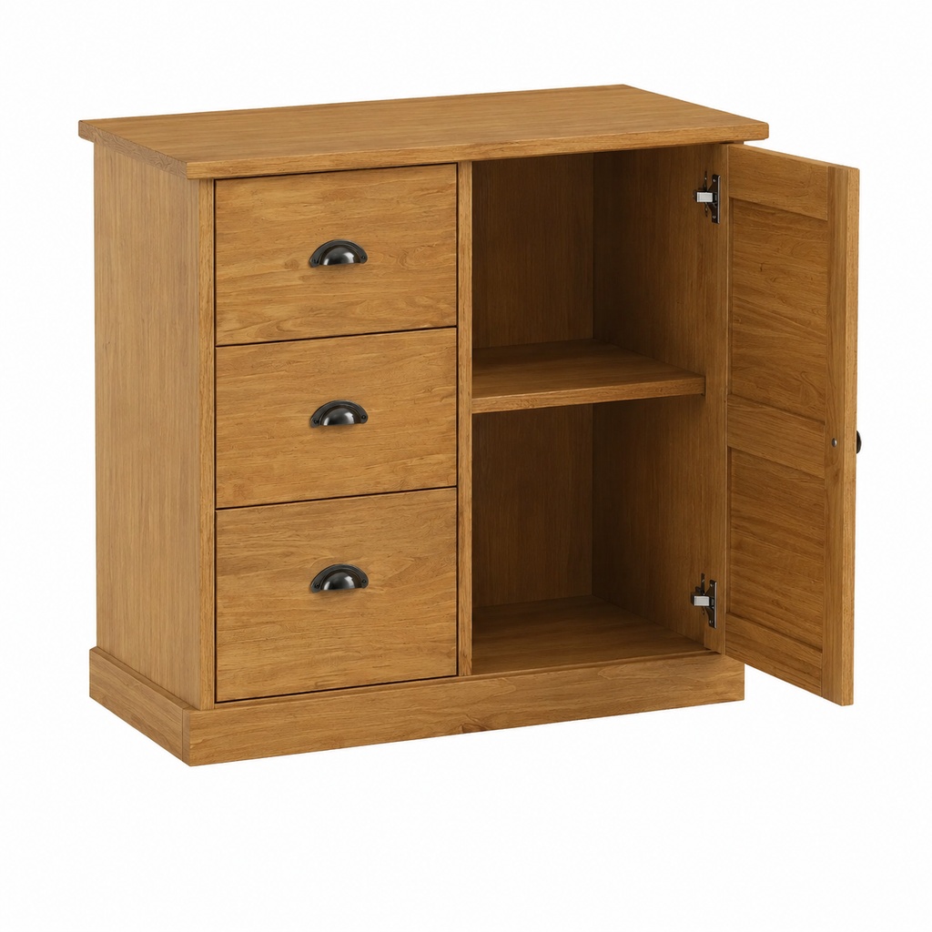 Buffet en bois massif naturel avec tiroirs et porte, design élégant